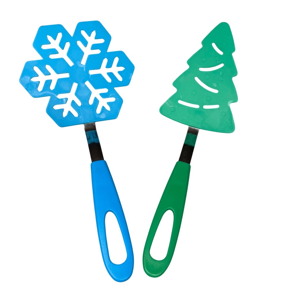 Christmas Tree and Snowflake Holiday Spatula Set Green Blue Nylon Kitchen Tools